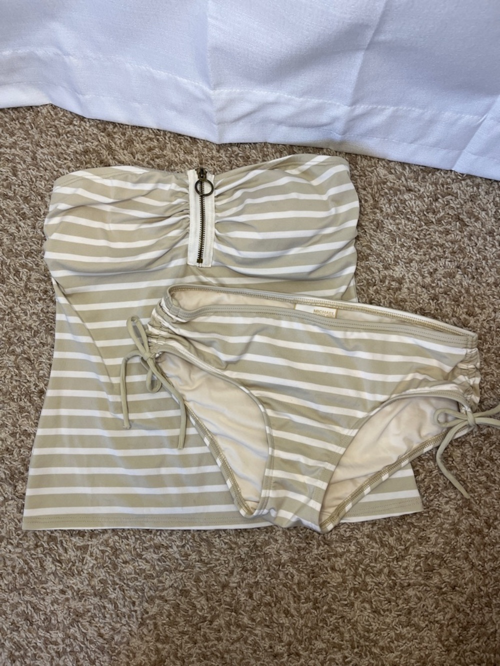Michael by Michael Kors Striped Bandeau Tankini Top - M & Bikini Bottoms - L